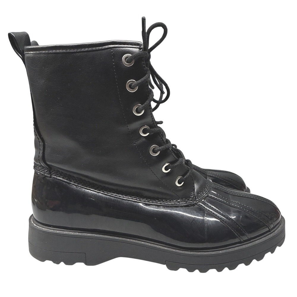 JustFab Amy Duck Boots Womens 8 Black Patent Faux Fur Lace Up Platform Winter